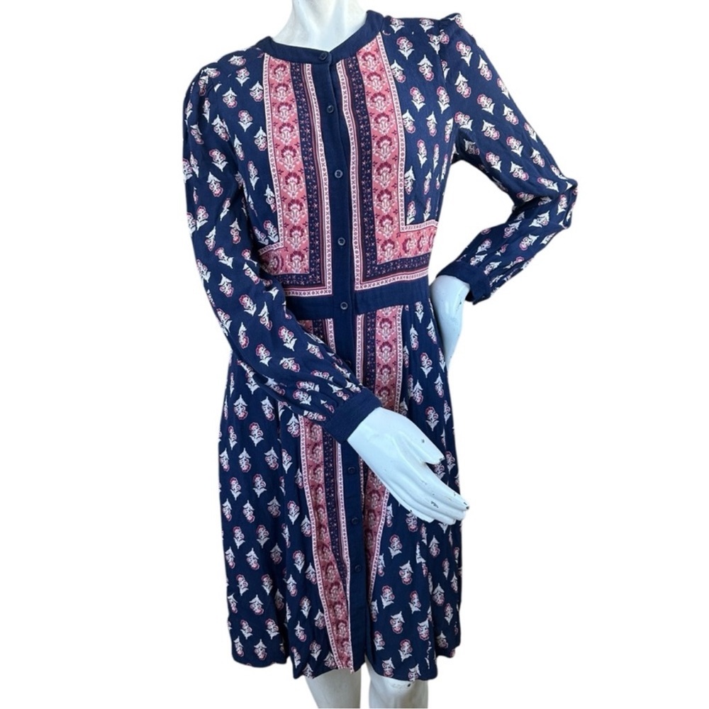 Gal Meets Glam Carlene Woodblock Stripe Button Front Dress Boho Navy Size 10